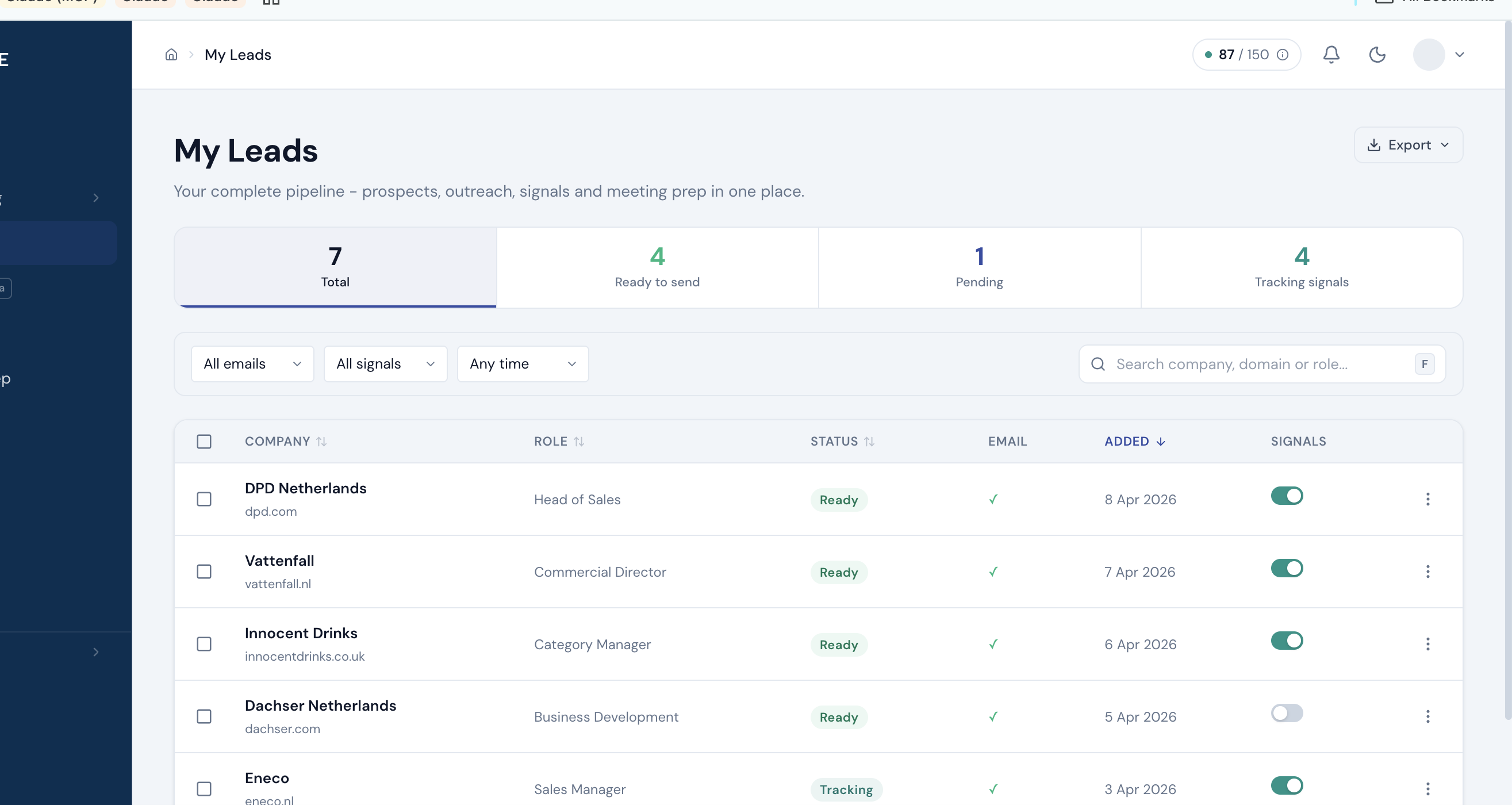Portal My Leads inbox showing prospect cards ready to review and send